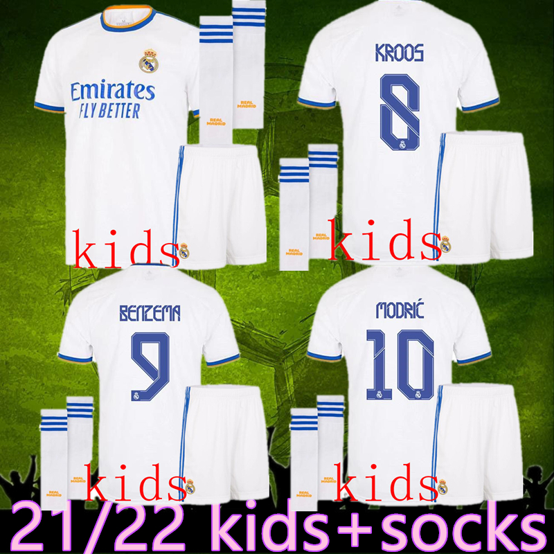 

kids kit+socks 21 22 Real madrid Soccer jerseys 2021 2022 HAZARD BENZEMA MODRIC isco ASENSIO camiseta de futbol football shirts kit, Patch