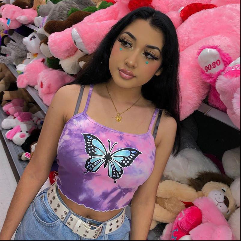

butterfly pattern print cotton womens tanks colorful slash neck strapless crop vest summer casual outwear streetwear, White