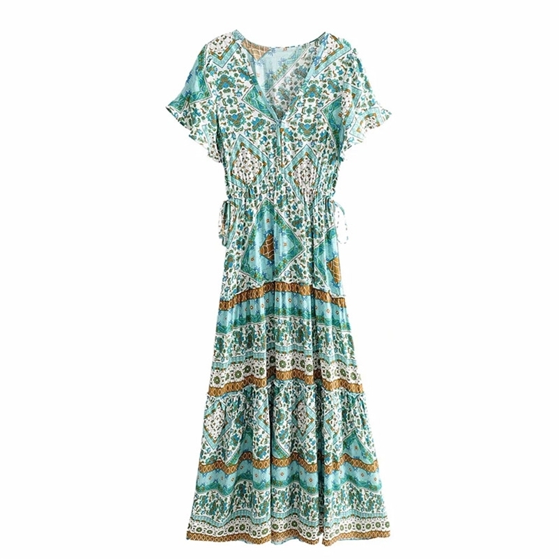 

women summer fresh long dress chic V-neck floral Short sleeve female Slim beach 210524, Green