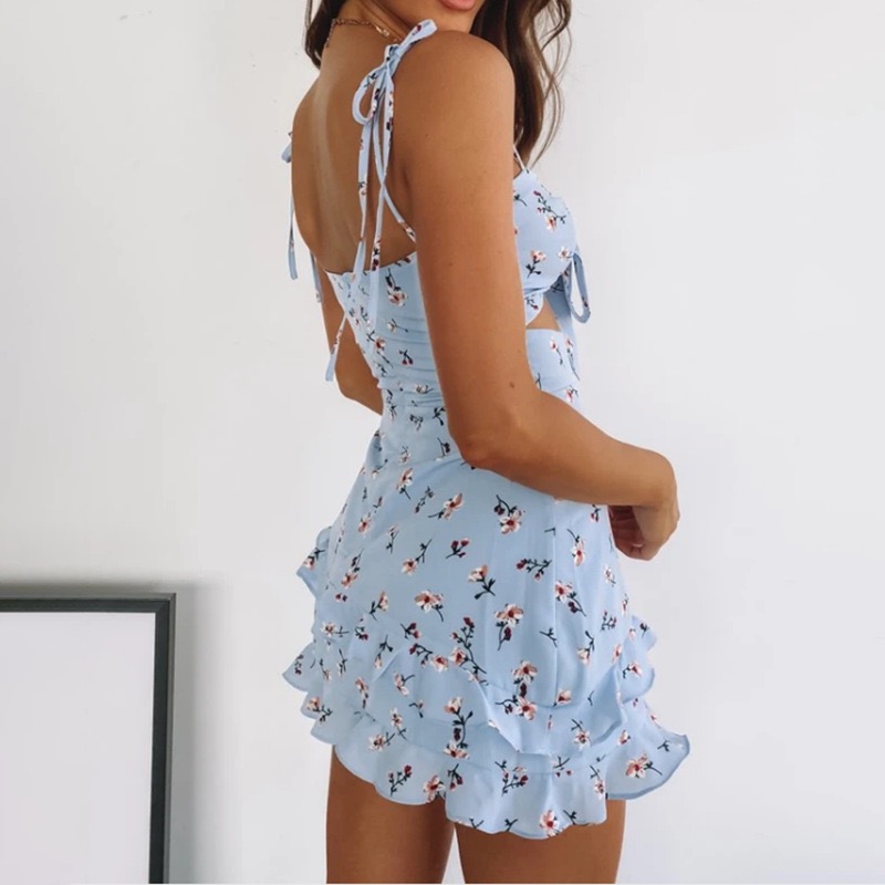 

European and American lace with pleated skirt sexy dress for crushed flowers, Blue