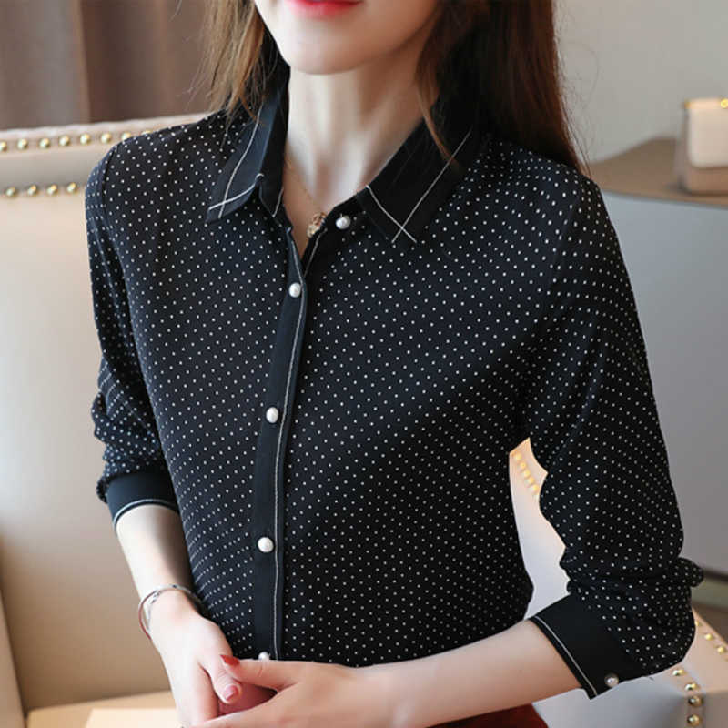 

Blusas Mujer De Moda Autumn Long Sleeve Women Shirts Dot Chiffon Blouse Women Tops Turn Down Collar Office Ladies Tops B864 210602, White