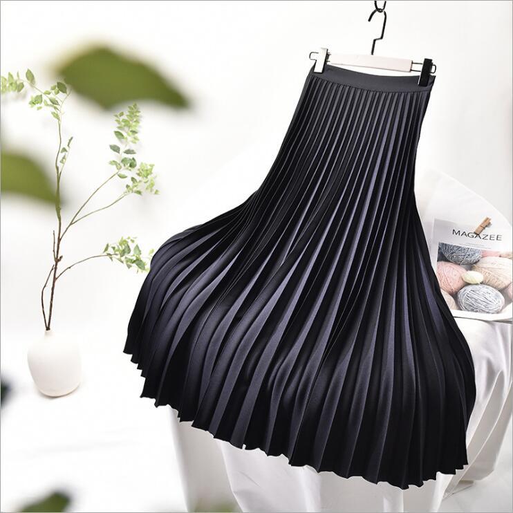 

Qooth Elegant Solid Midi Pleated Skirt Women Korean High Waist Spring Ladies A-line School Long Skirt Female qh2313 210518, White