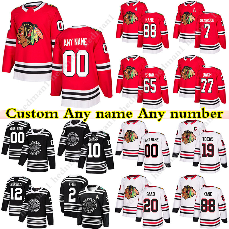 

Custom Chicago Blackhawks hockey jerseys 88 Patrick Kane 19 Toews 77 Kirby Dach 12 Alex DeBrincat 7 Chelios any number and name, White