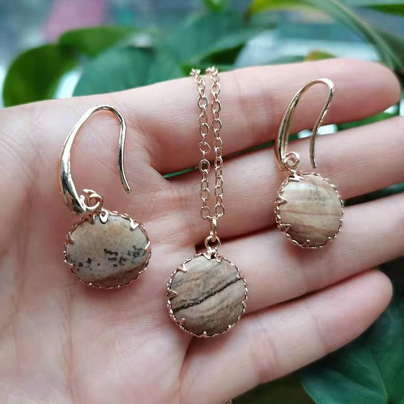 

Earrings & Necklace SAY HELLO Around Picture Jaspers Natural Stone Dangle Chain Pendant Set For Women Handmade Jewelry, As pic