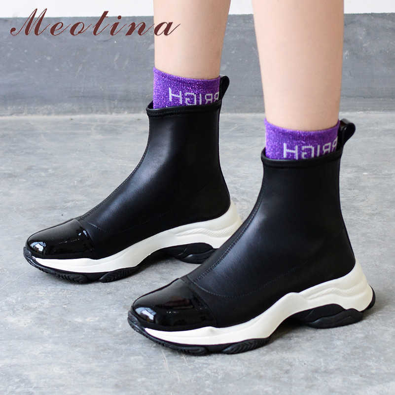 

Meotina Winter Ankle Boots Women Natural Genuine Leather Flat Platform Short Boots Slip on Round Toe Shoes Lady Autumn Size -9 210608, Black synthetic lini