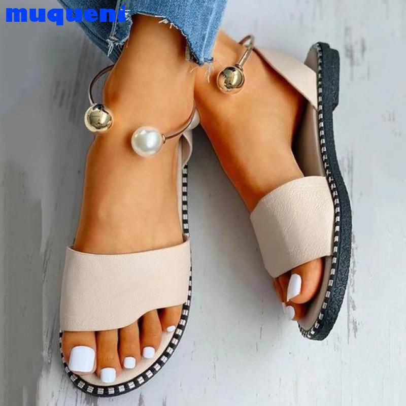 

Sandals Women Rivet 2021 Summer Woman Pearl Metal Decoration Flat Ladies Non Slip Footwear Female On Casual Shoes Plus Size, Black