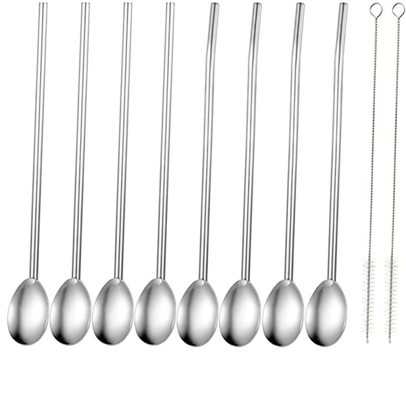 

Drinking Straws Stainless Steel Metal Spoon Straw Reusable Round Shape Cocktail Spoons Set Filter