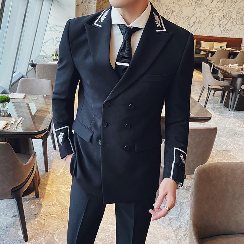 

Men's Suits & Blazers (Jackets+Pants)Korean Men Costume Blazer Suit Ensembles Homme Embroidery Double Breasted Slim Tuxedo Formal Wedding Gr, Black