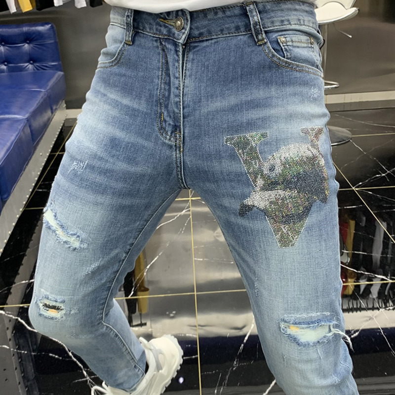 

men's jeans european fashion hombre denim men new spring hole drill erkek jean pantolon brand slim trend i1jr, Blue