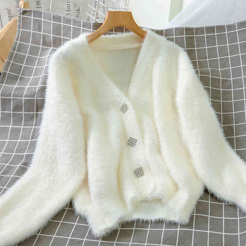 

Women Velvet Jacket Soft Long Sleeve Buttoned Up Cardigans Elegant Woolen Coats for Winter 210518, White