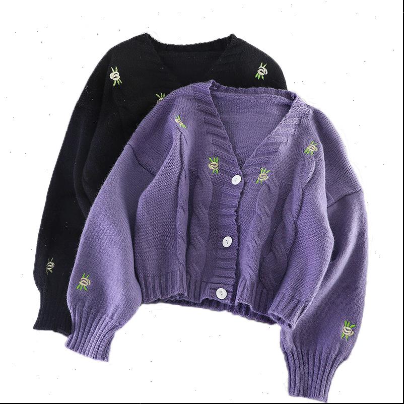 

spring womens sweater and autumn v neck lantern sleeve embroidery hollow flowers gentle cute cardigan knit fashion loose, White;black