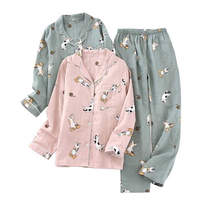 

Summer Lovers Gauze Cotton Pajamas Set Cute Cartoon Printed Men And Women Sleepwear Comfort Loose Couple's Home-wear 211109, Women-green