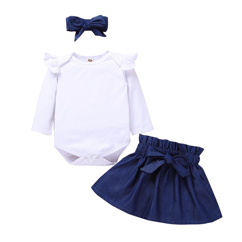 

Clothing Sets 0-18M Baby Girls Clothes 3pcs Solid Ruched Bodysuit +Bowknot Skirt +Headband Infant Outfits Spring Autumn Girl, White