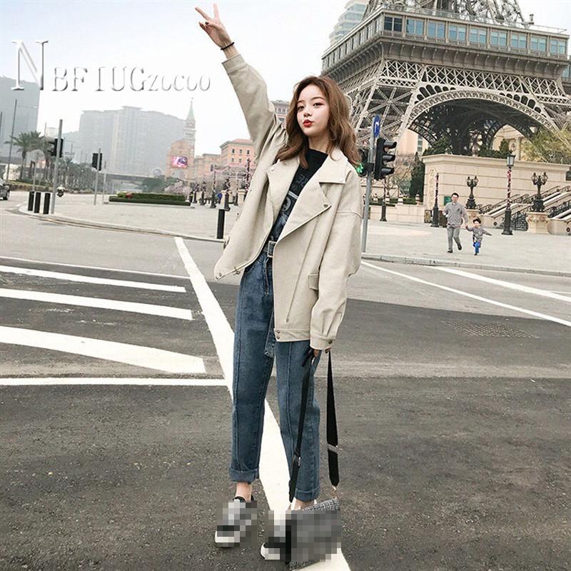 

Women' Leather & Faux Soft Loose Jacket Turndown Collar Female Outwear Tops Punk