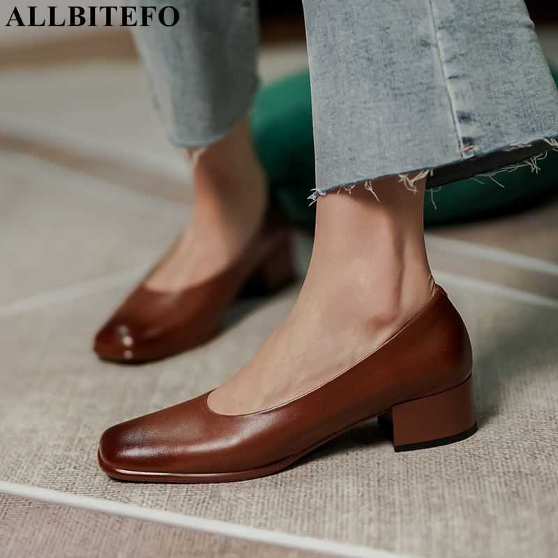 

ALLBITEFO fashion genuine leather women heels pigskin inside women's high heel shoes office ladies shoes brown heel heels 210611, As picture