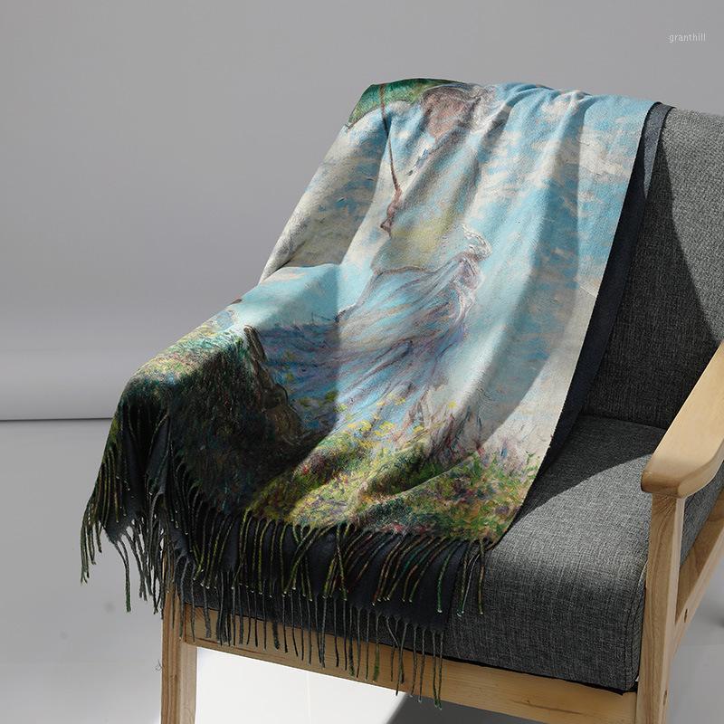

Scarves Designer Winter Cashmere Scarf Monet Oil Painting Umbrella Women Shawl Digital Print Ladies Spring Blanket, Blue;gray