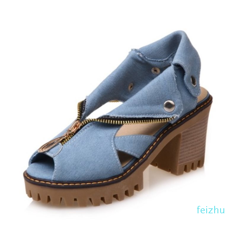 

Size 34 43 Denim High Heel Sandals Women Zipper Platform Sandals Summer Shoes Woman Slip On Shoes For Women Footwear, Dark blue