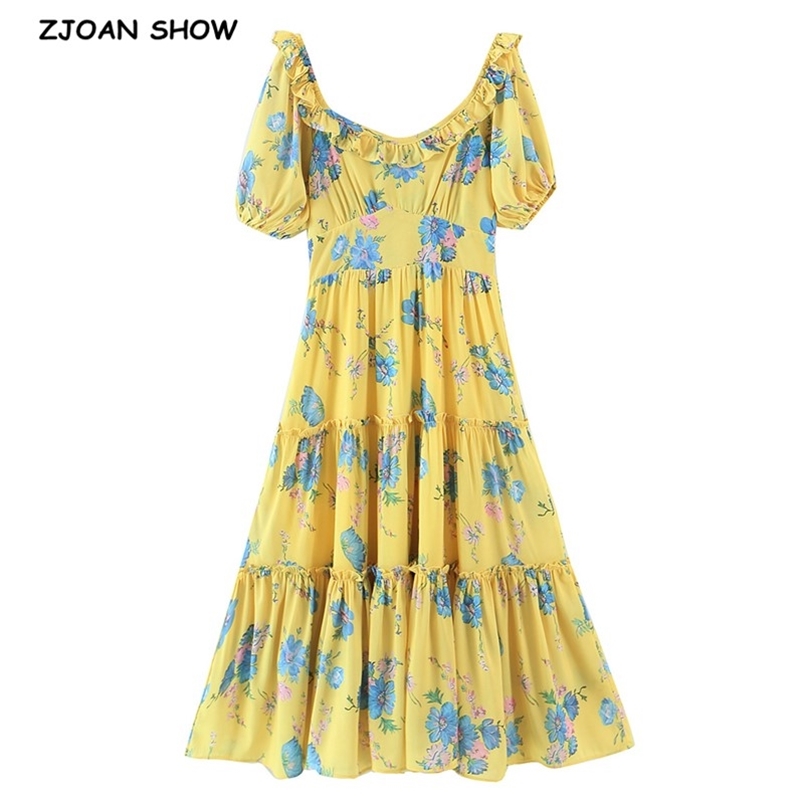 

Holiday Wood ears Square Collar Floral Swing Maxi Long Dress Bohemian Woman Spliced Pleated Ruched Puff Sleeve Dresses 210429, Yellow