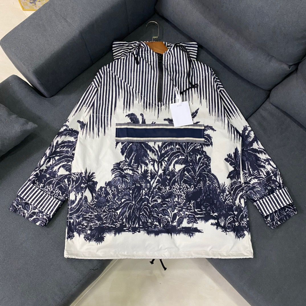 

Vintage Stripe Coconut Tree Jacket Scenery Print Pattern Loose Streetwear Women Hooded Zipper Pocket Navy Fashion Coat, Blue