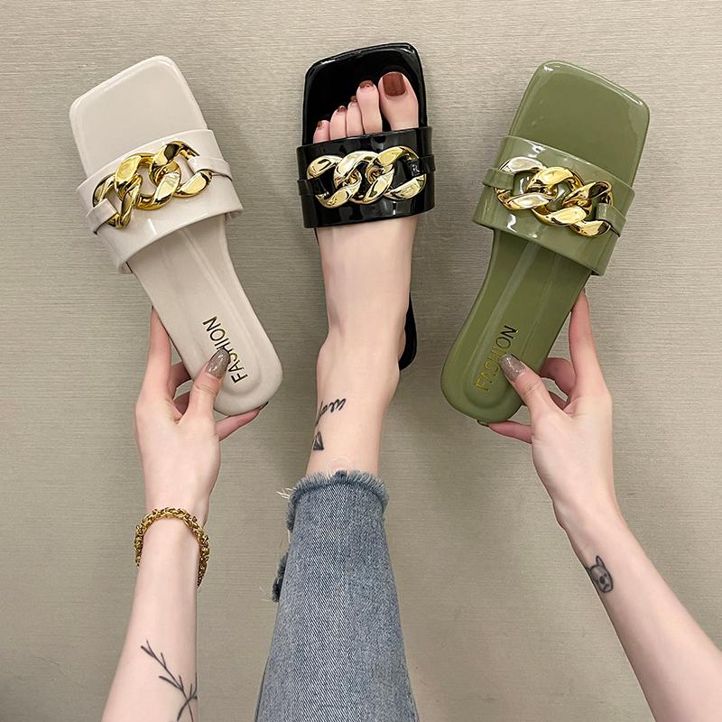

Slippers Open Toe Flat Fashion Shoes Summer Slipper Women Metal Chain Design Solid Color Outdoor Slides Plus Size, Black
