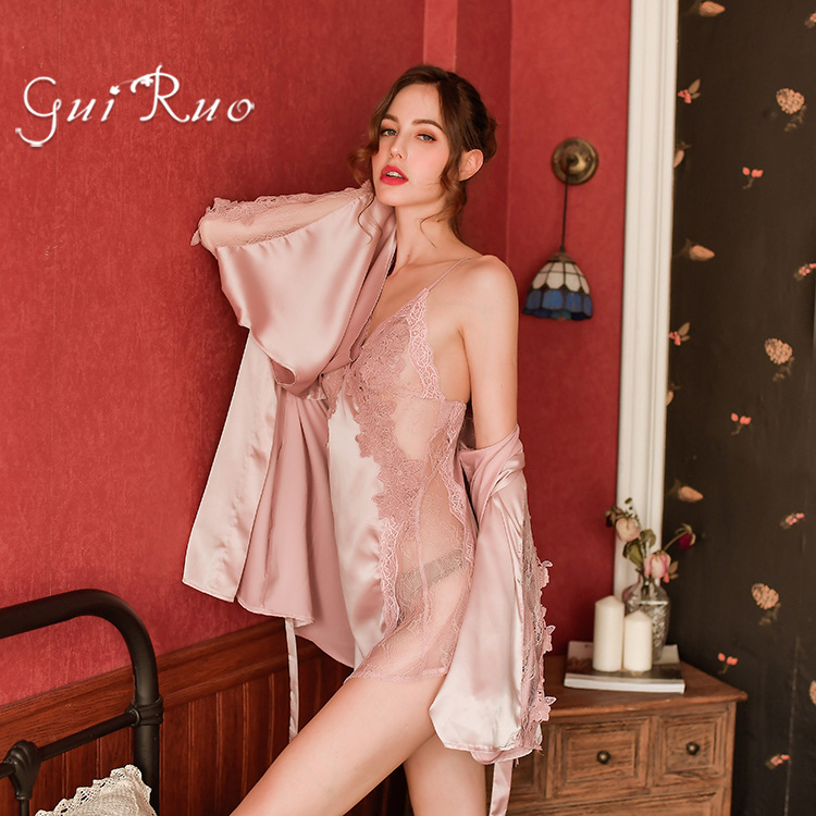 

5Colors Lace Nightgown Women Sleepwear Pyjamas Negligee Sexy Bathrobe Female Home Clothes Satin Nighty Silk Lingerie, Red