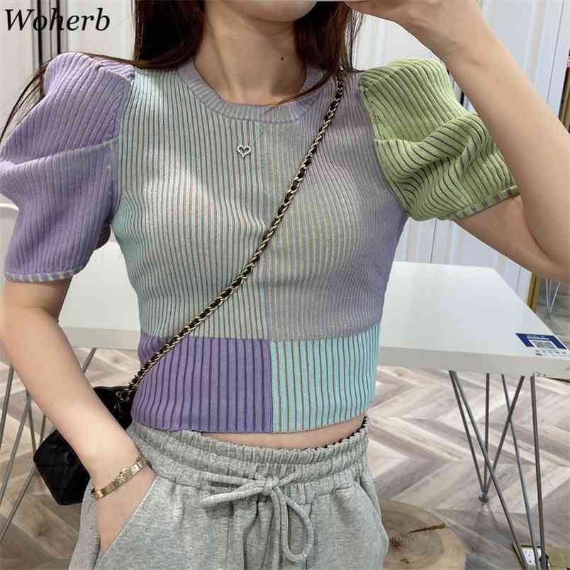

Stretch Summer Knitted Sweater Tops Women Short Sleeve O-neck Slim Fashion Contrast Color Ladies Jumpers Femme 210519, Yellow pink