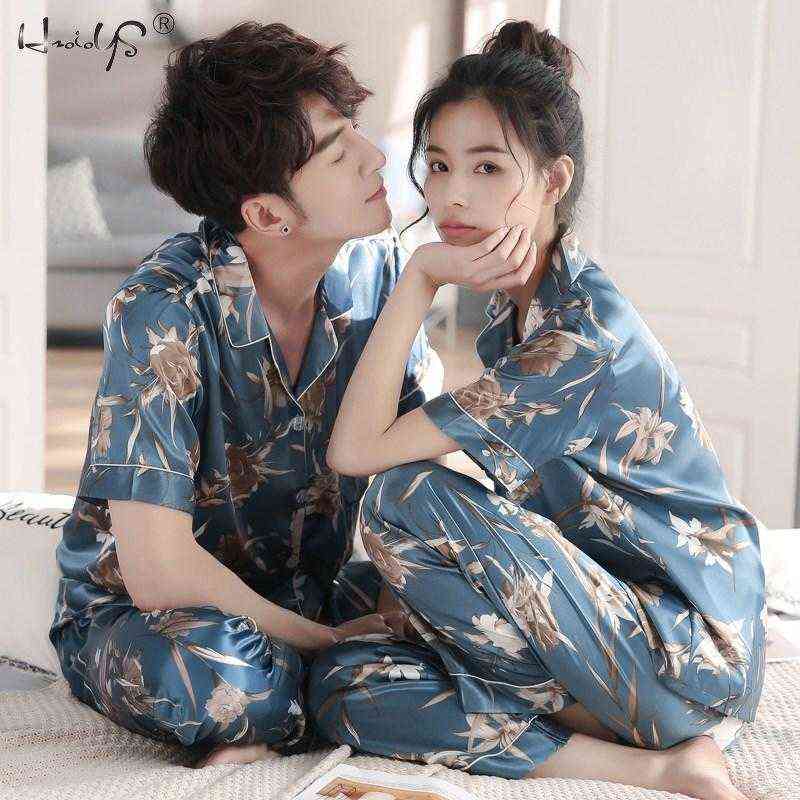 

Couple Pajamas Set Women Mens Silk Satin Pajama Set Couples Long Sleeve Sleepwear Homewear Pj Unisex Pyjamas Plus Size -3XL 211111, Short crane women