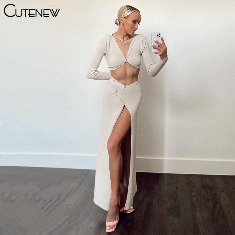 

Work Dresses Cute Solid Elegant Knitted Two Piece Set Women Outfits Sexy V-neck Long Sleeve Tee+Maxi Split Skirt Suit Simple Lady Clothing, White;black