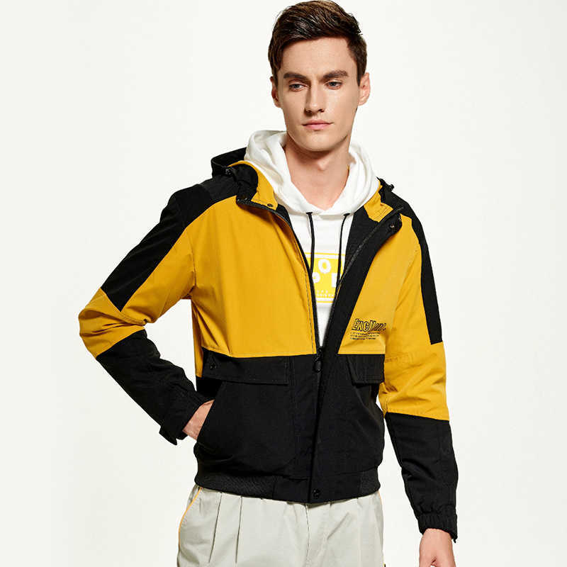 

Patch Design Hooded Jacket Men Streetwear Windbreaker Autumn Cargo Bomber Jacket Wind Resistance Casual Overcoat Male Clothing 210603, Yellow