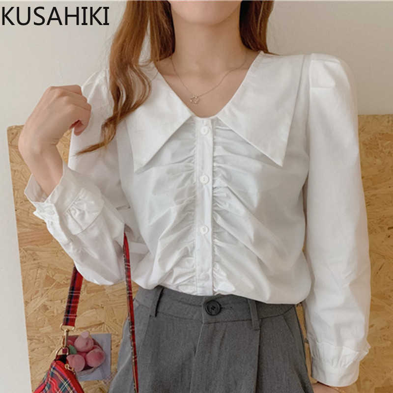 

KUSAHIKI Tops for Women Fashion Pleated Blouses Causal Puff Sleeve Turn-down Collar Shirt Spring Blusas De Mujer 6F481 210602, White