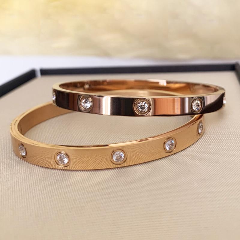 

Bangle YUN RUO 18 K Gold Full Diamond Fashion Titanium Steel Straight Buckle Men Women's Rose Couple Bracelet Never Fade
