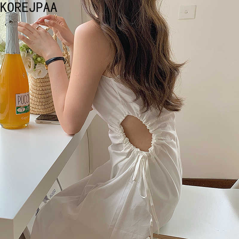 

Korejpaa Women Dress Summer French Temperament Round Neck Hollow Drawstring Straps Exposed Slim Sleeveless Vest Vestidos 210526, Black