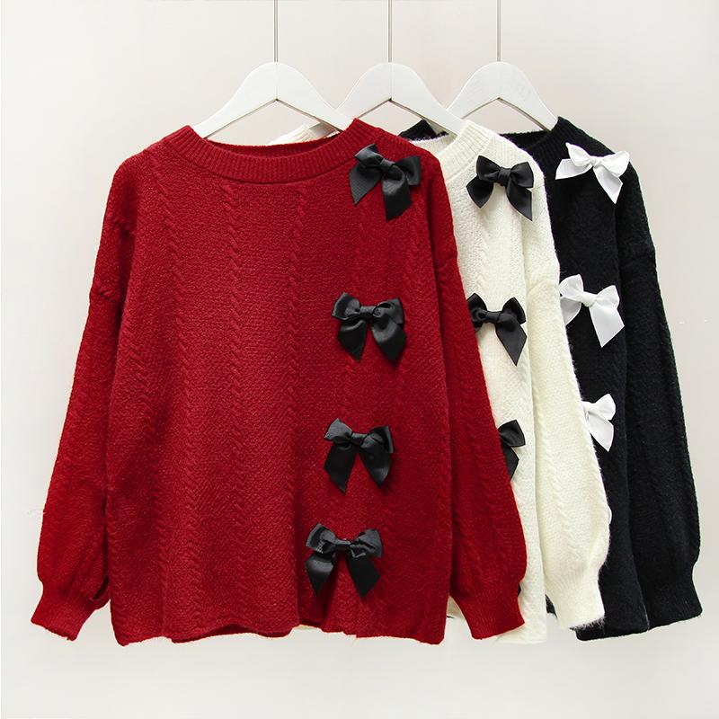 

Women's Sweaters Korean Style Bow Patchwork Design Casual Sweater Women O Neck Chic Pullover Vintage Female Kintting Tops, White;black
