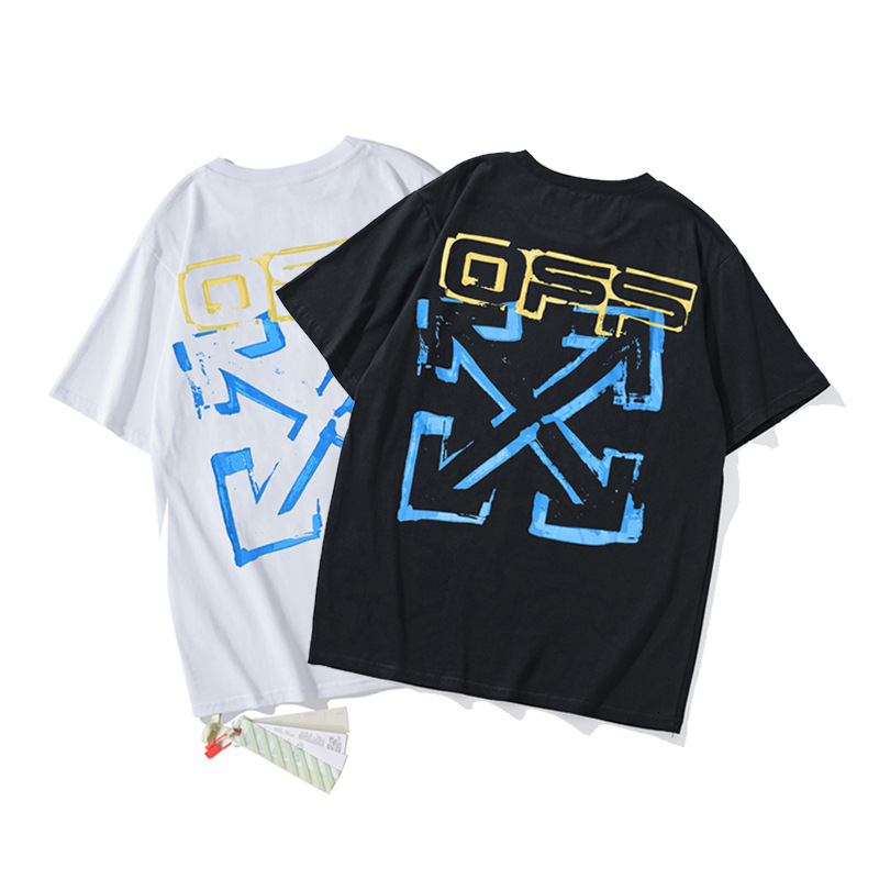 

Summer off crayon hand painted white graffiti arrow ow loose couple short sleeve t-shirt men and women tee, White;black
