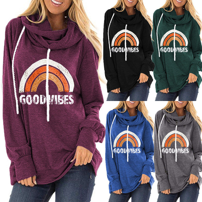 

2021 women's drawstring hoodie good vib rainbow print loose round neck long sve t-shirt, Black