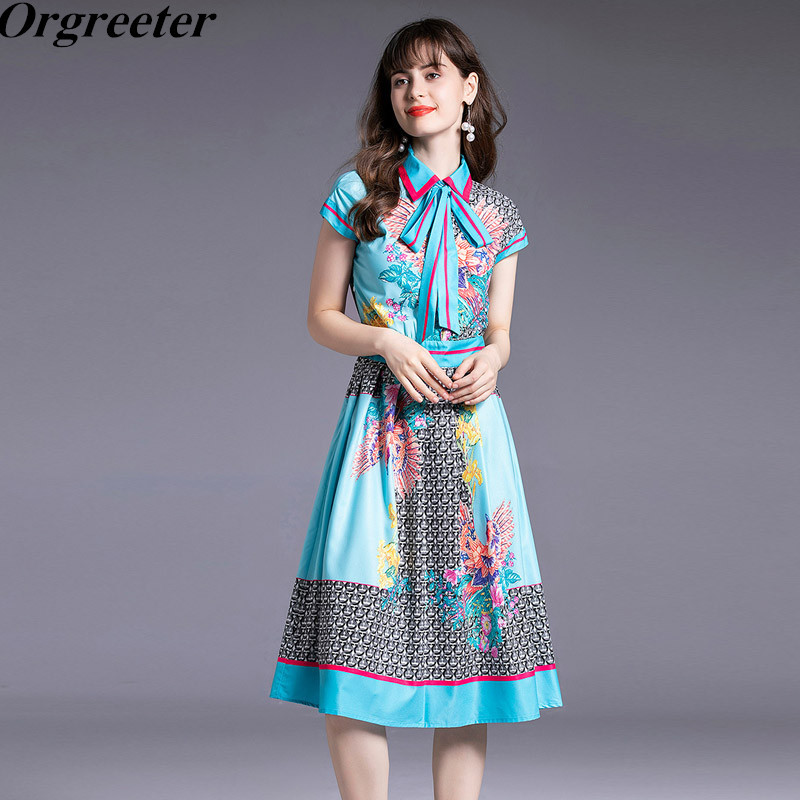 

Runway Design Peacock Prin Printted Women Dress Summer Lapel Short Sleeve Lace-Up Bow Slim A-line Mid-calf 210525, Blue