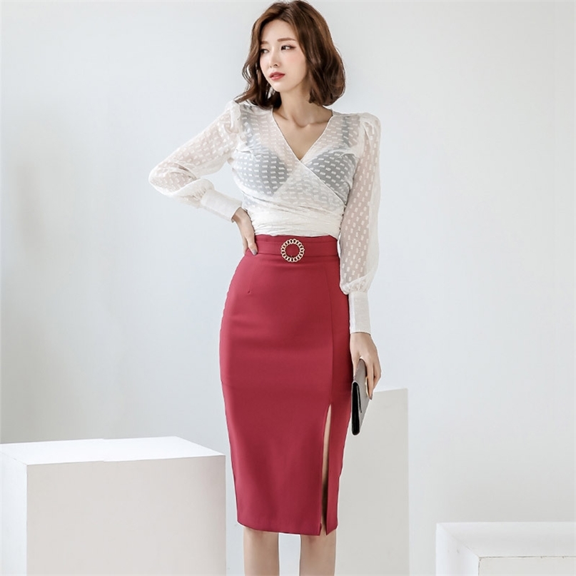 

Sexy Women's Two Pieces Set Fashion V Neck Long Sleeve Hollow Out Sash Wrap Top and High Split Pencil Skirt Suits 210603, As picture