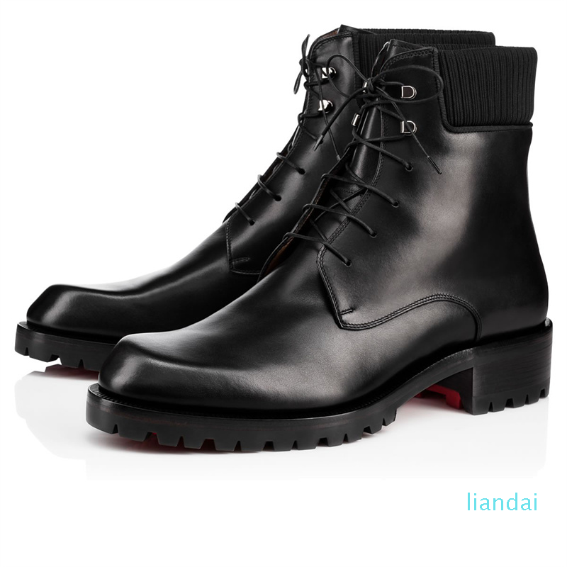

Winter Men Ankle boot Low-heeled Red bottom boots calfskin leather matte grosgrain trim metal eyelet lace-up Round toe Trapman Brand militar, Black