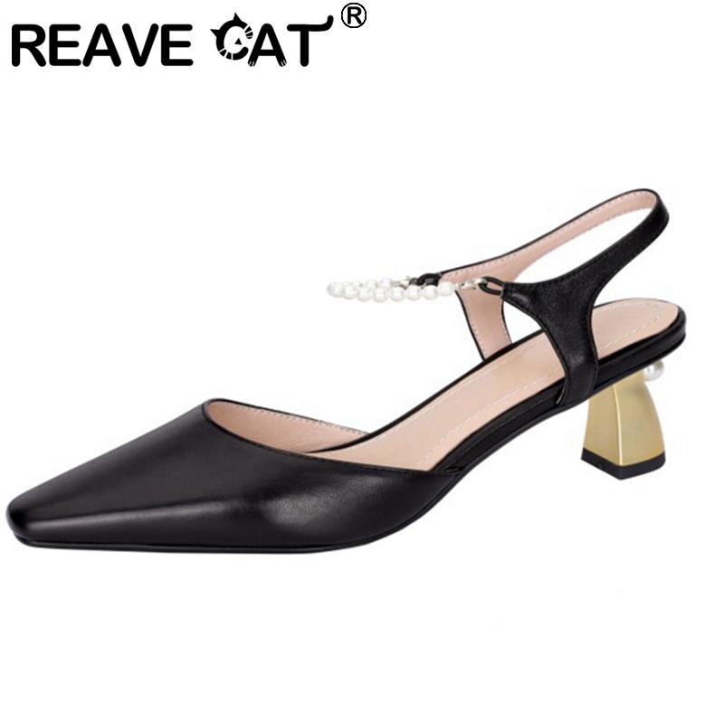 

CAT 2021 Women Sandals Square Toe 6cm Spike Heels Genuine Leather Buckle Pearl Elegent Vintage Big Size 40 Date A3491, Black