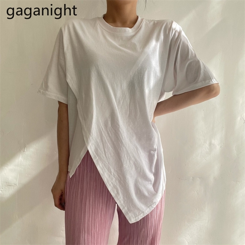 

Gaganight Solid Split Women T Shirt Short Sleeves Summer Tee Shirts for Women Solid Casual Loose Lady Tops Streetwear 210519, White