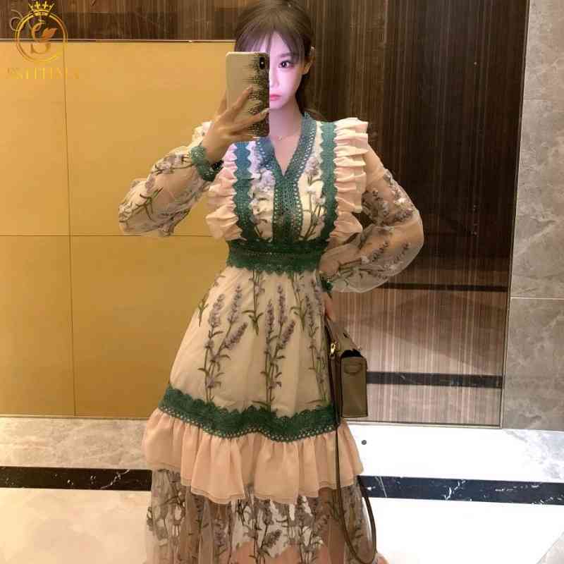 

High Quality Designer Runway Spring Vintage Purple Flower Embroidery Party Dress Women's Ruffles Full Sleeve Maxi Long 210520, Photo color