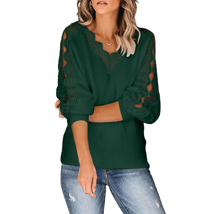 

Womens Fashion Sweaters Casual Lace Pattern Long Sleeves Girls Trendy Sofy Tops High Quality for Wholesale, Black