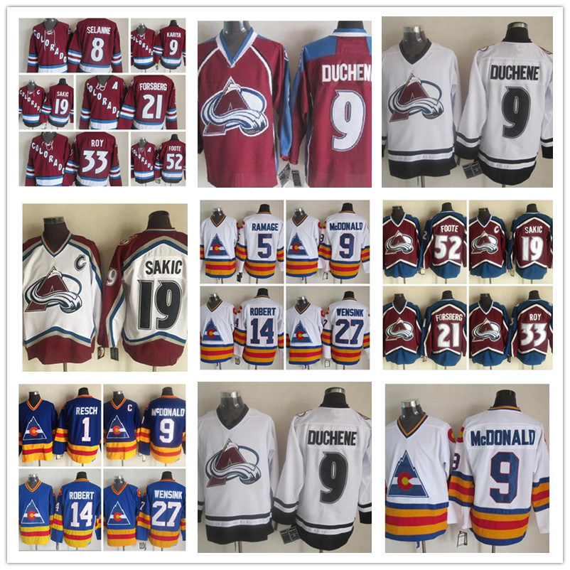 

Retro Colorado Avalanche Jersey Peter Forsberg Patrick Roy Joe Sakic Adam Foote Paul Kariya Mens Vintage CCM Stitched Hockey Jerseys SHIRT uniform, Black;red
