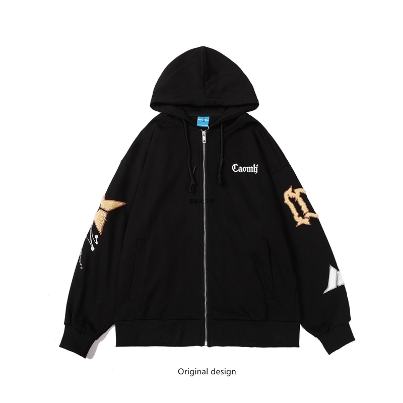 

Embroidered letter cardigan men's street hip hop autumn loose print Hoodie couple jacket fashion, Black 1018