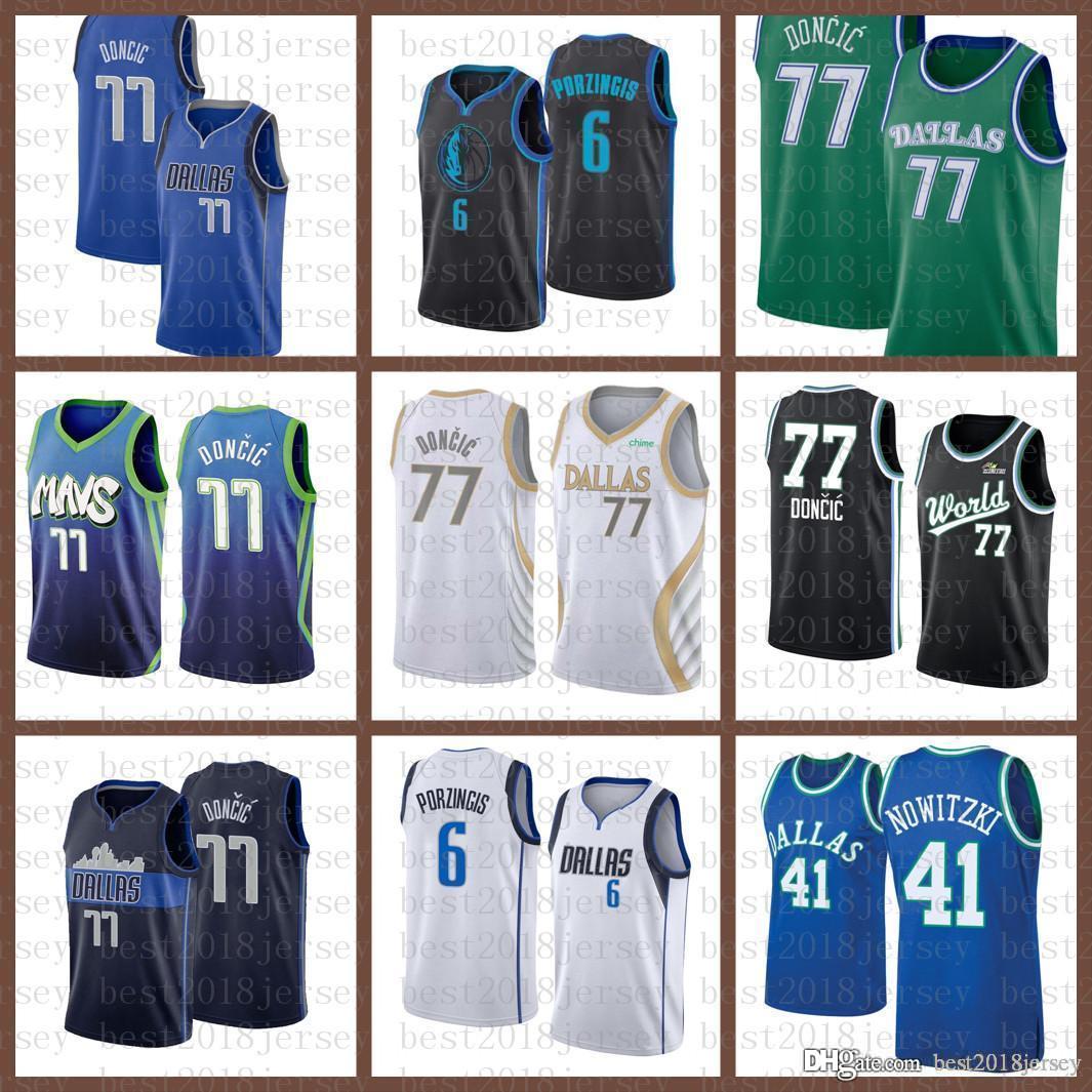 

2021 New Basketball Jersey Dallas Mavericks Mens Luka Kristaps 6 Porzingis 77 Doncic Dirk 41 Nowitzki Mesh Retro Black, Black;red