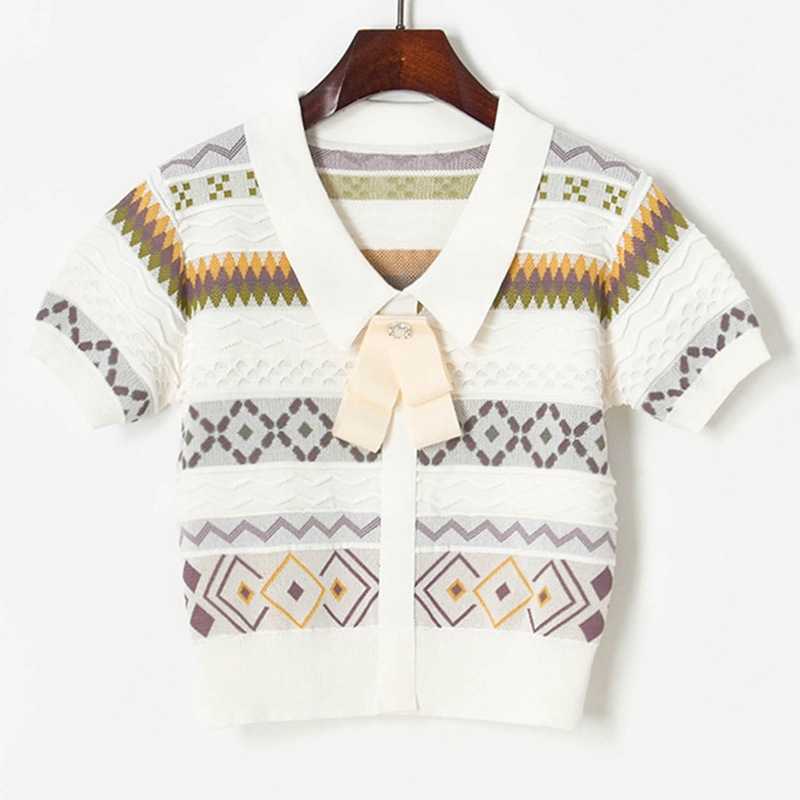 

Sweet Geometric Wave Bow Turn Down Collar Blouses for Women Fashion Elegant Office Lady Knit Tshirts Tees Hit Color Woman Tops 210525, Apricot