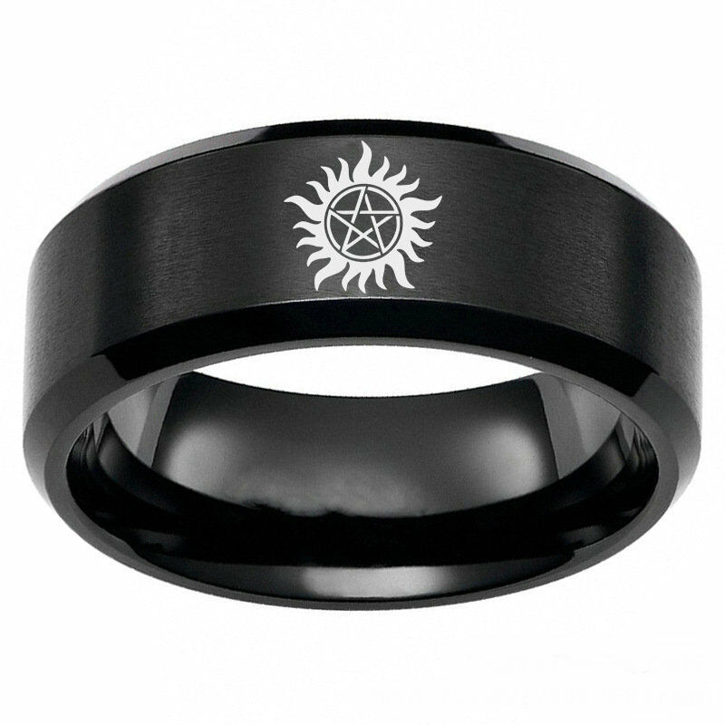 8mm Supernatural Logo Stainless Steel Black Ring Men's Band Jewelry Size 6-13