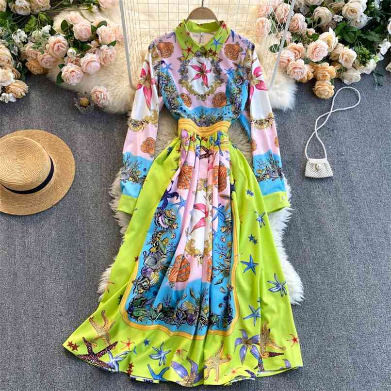 

Runway Designer Summer Shirt Dress for Women Lapel Long Sleeve Starfish Coral Print Color Contrast Slim Beach A-line 210602, Yellow