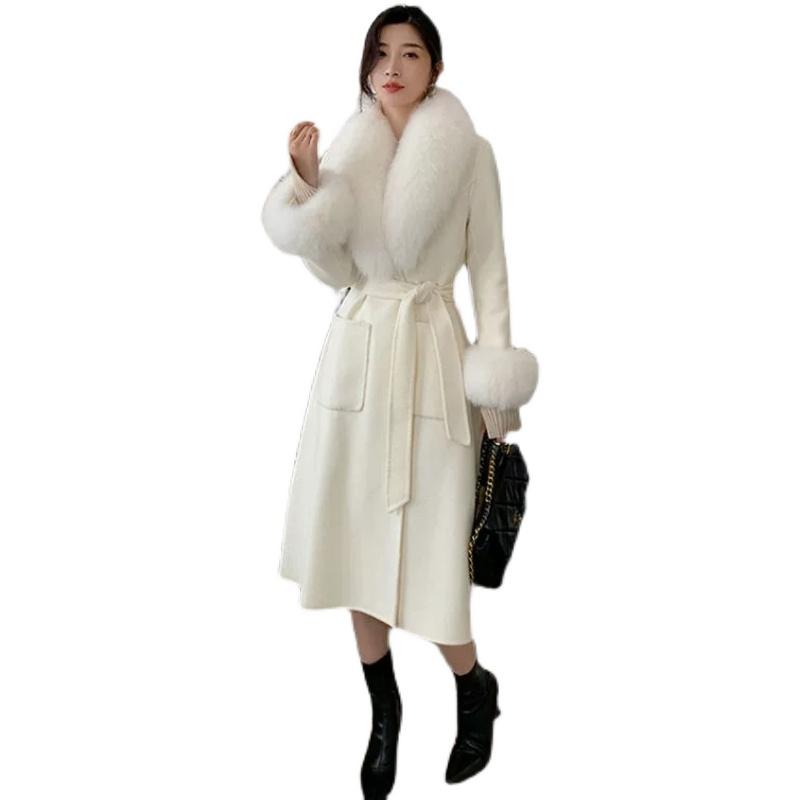 

Women's Wool & Blends Elegant Women Woolen Trench Autumn Winter Slim Ladies Big Fur Collar Thick Coat Fashion Casual Street Coats F190, Pink