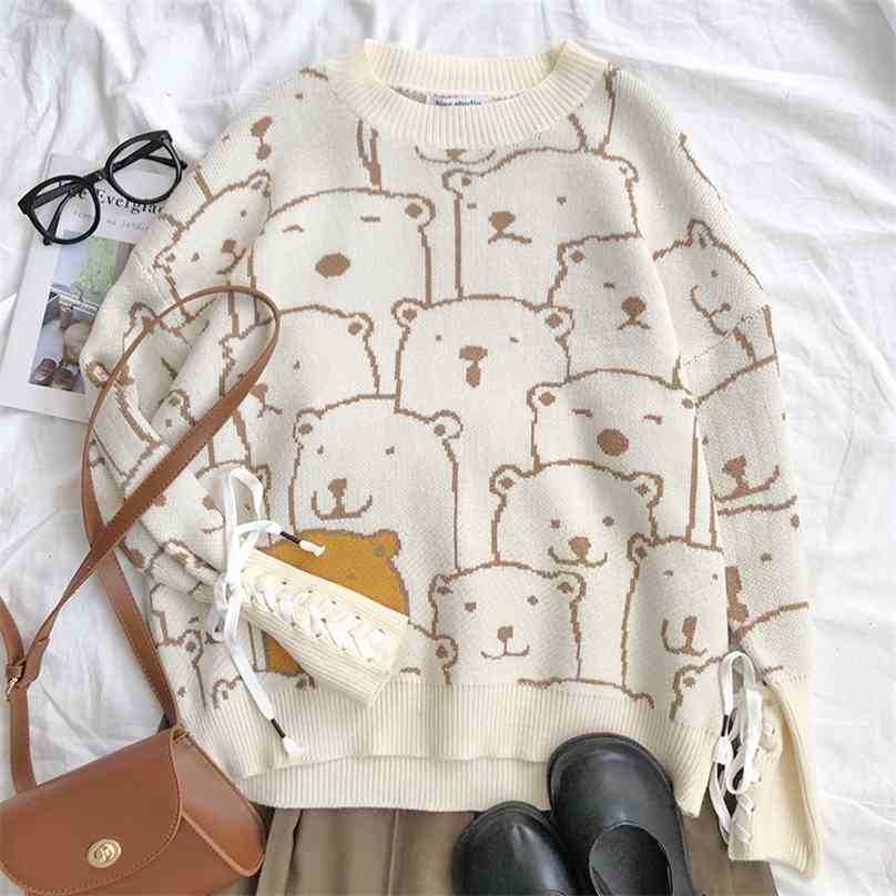 

Korean Cute Bear Sweater Women Long Sleeve Loose Oversize Pullover Top Woman Harajuku Sleeved Knitted Sweaters 210525, Photo color